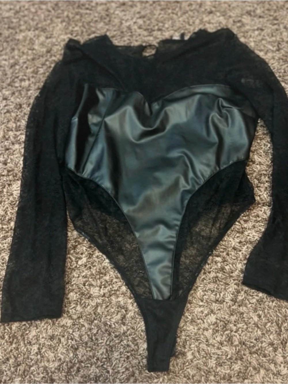 Black Lace & Faux Leather Long Sleeve Bodysuit